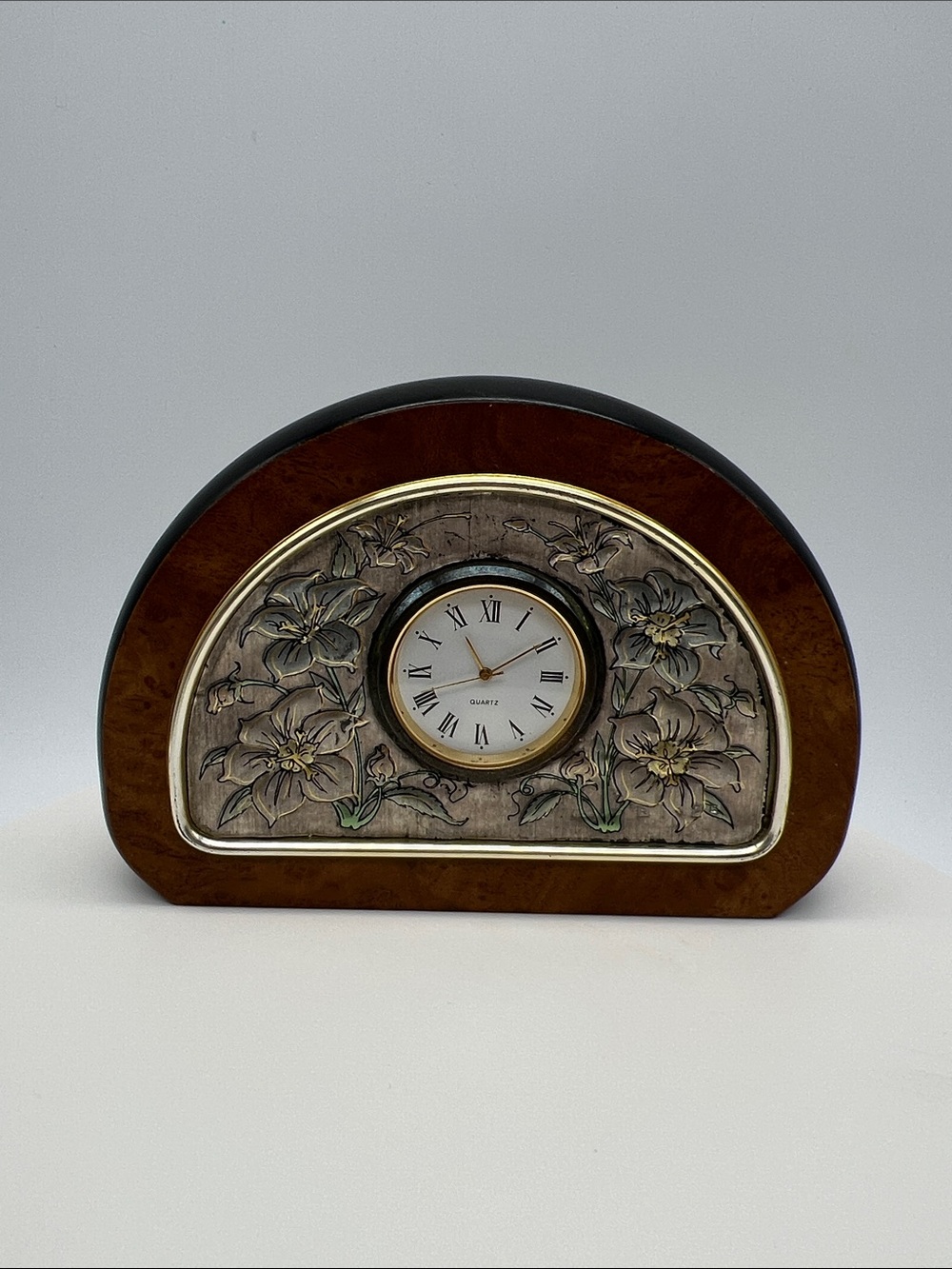 Italian Franciacorta 925 Sterling Silver Floral Desk Clock – Burl Wood